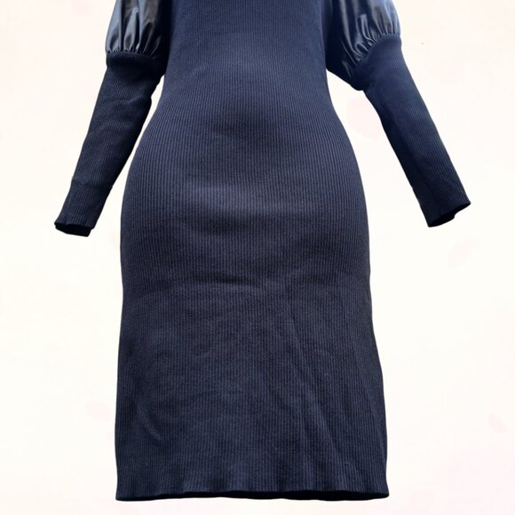 Gabrielle Union Black Bodycon Ribbed Knit Faux Leather Puff Long Sleeves Dress S - Picture 6 of 11